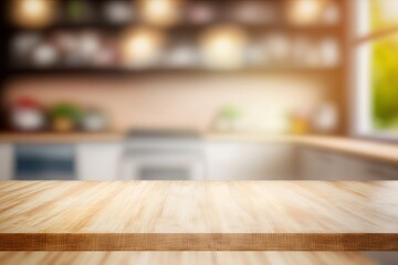 Wooden table with blurred kitchen in the background. Generative AI - obrazy, fototapety, plakaty