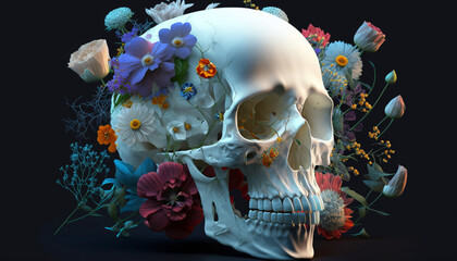 white Human skull with flowers.Generative AI.