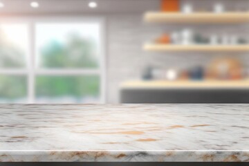 Modern marble table with blurred kitchen on the background. Generative AI