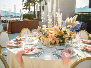 Luxury elegant wedding reception table arrangement and floral centerpiece - wedding banquet and event outdoor