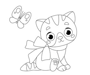 Clipart kitten and butterfly for coloring. Black and white linear image of an animal and an insect. Children's picture british cat, vector line.