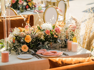 Luxury elegant wedding reception table arrangement and floral centerpiece - wedding banquet and event outdoor