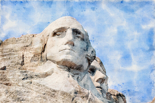 Digitally created watercolor painting of a rendition of the George Washington on Mount Rushmore