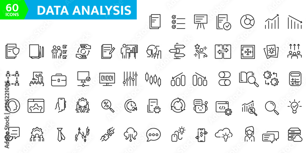Poster set of 60 data analysis icon template for graphic and web design collection. big data, processing, p
