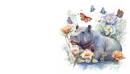 Hippo in flowers. Butterflies. Watercola. Banner. White background. generated by AI