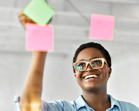 business meeting note paper woman young office businesswoman strategy idea glass portrait success confident presentation startup sticky brainstorming creative