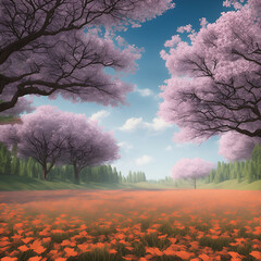 spring landscape with tree - landscape with flowers - Spring landscape - Generative AI