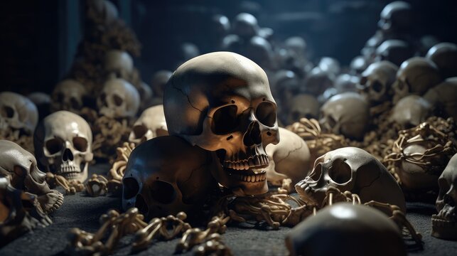 Awesome pile of skull human and bone. Created with Generative AI.