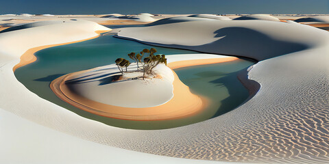 breathtaking aerial white sand view of dunes and lagoons, showcasing the natural beauty of the desert and its unique blue and green lagoons. generative AI