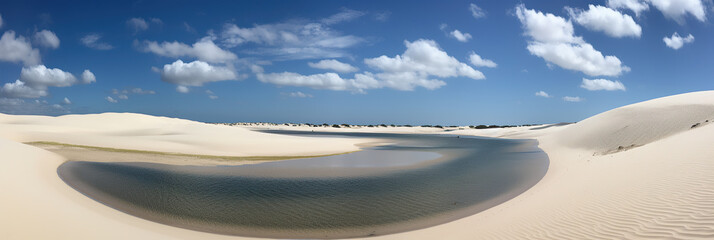 Fototapeta na wymiar breathtaking aerial white sand view of dunes and lagoons, showcasing the natural beauty of the desert and its unique blue and green lagoons. generative AI