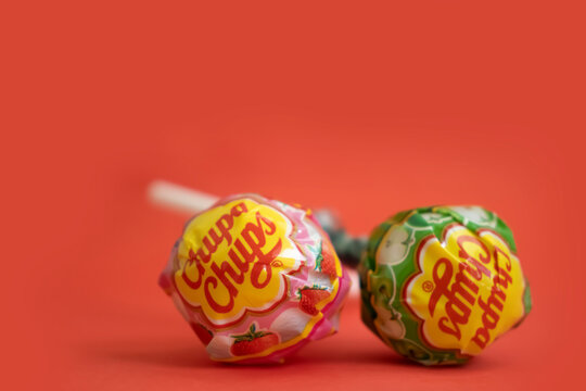 March 19, 2023 Ukraine city Kyiv candies from the Chupa Chups company on a colored background