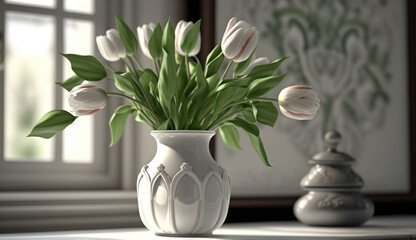 Indoors a vase holds a fresh tulip bouquet generated by AI