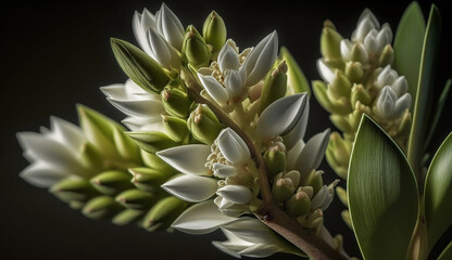 Obraz premium Fresh pink orchid blossom with green leaves generated by AI