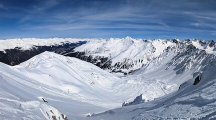 Fototapeta premium Panorama on the summit Bülenhorn. Ski mountaineering on the Bülenhorn above Davos Monstein. Ski touring in a beautiful mountain world. Climb the Swiss Alps. Hiking through deep snow. High quality phot