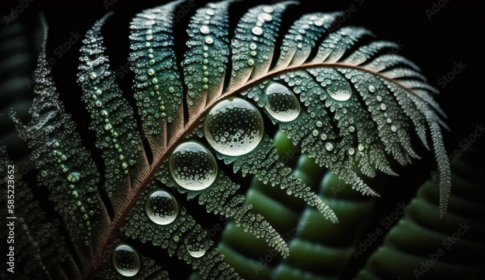 Poster nature intricate green macro patterns on wet leaves generated by ai