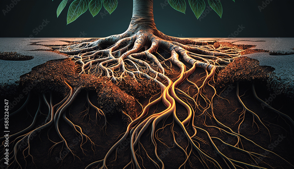 Poster tree root twists and waves symbolizing growth generated by ai