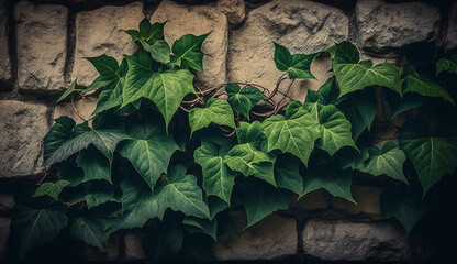 Leafy growth on old brick wall in summer generated by AI