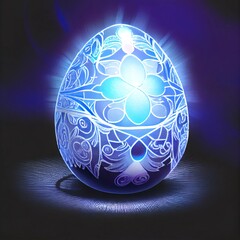 Decorated easter egg on dark blue background. Generative AI.