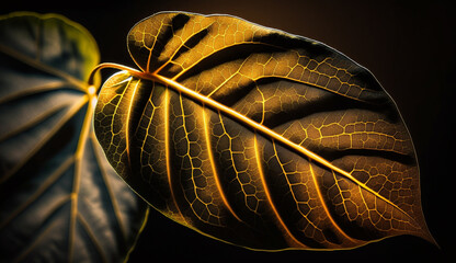 Vibrant leaf veins in close up against black backdrop generated by AI