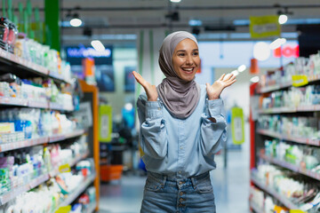 Shopping. A young Muslim woman in a hijab walks between the shelves with goods in a supermarket, chooses, spreads her hands, is surprised by the large selection, is satisfied with the variety.