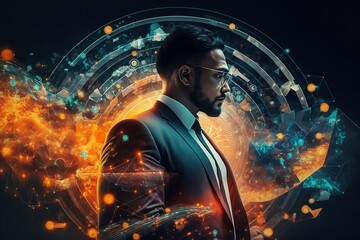 A businessman is depicted standing in front of an augmented reality display. The display shows various graphs and data visualizations, and a 3D cube is hovering in front of the businessman. 