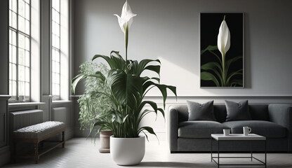 Indoor plant on modern vase by window sofa generated by AI
