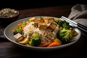 Proper Nutrition: A stir-fry with tofu, mixed vegetables, and brown rice. Generative AI