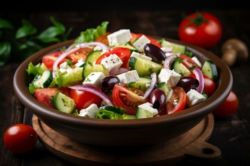 Proper Nutrition: A Greek salad with feta cheese, olives, and tomatoes. Generative AI