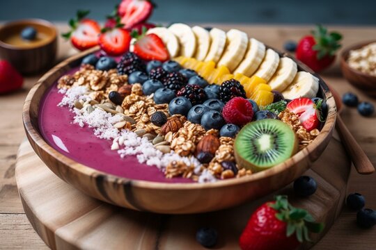 Proper Nutrition: A smoothie bowl topped with fresh fruit and granola. Generative AI