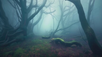 Obraz premium A Terrifying Surrealist Forest Seen From a Dramatic Angle. Created with generative AI. 