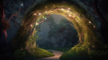 arch in an enchanted fairy forest landscape. Created with Generative AI.