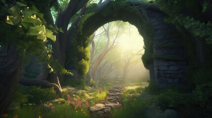 arch in an enchanted fairy forest landscape. Created with Generative AI.