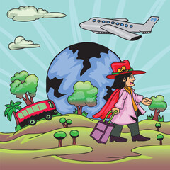 traveler cartoon hand draw illustration. travel to the other side of the world