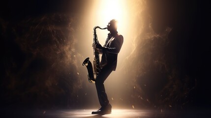 Man Playing Saxophone on Stage. Created with Generative AI.