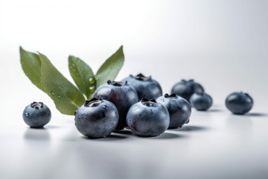 Fresh blueberries with blueberry leaves isolated on white background. AI
