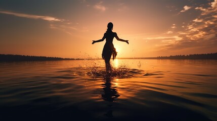 woman dancing on the seashore at sunset. Created with Generative AI.