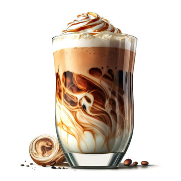 Glass of tasty latte with nuts on beige background .generative AI 