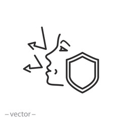 skin protection icon, face with shield, thin line symbol on white background - editable stroke vector illustration eps10