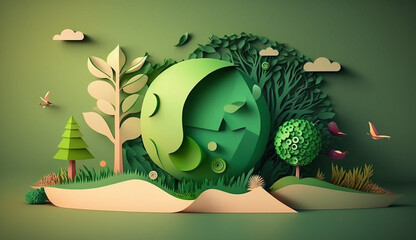 Green paper cut design as world decorate by forest and leaf with cute design to encourage saving world. Earth day, a Sustainability concept.generative AI - obrazy, fototapety, plakaty