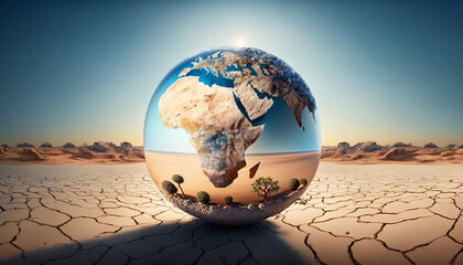 Transparent globe glasses on dry brown soil ground with blurred sky for Earth day ,a sustainable concept ,Generative AI