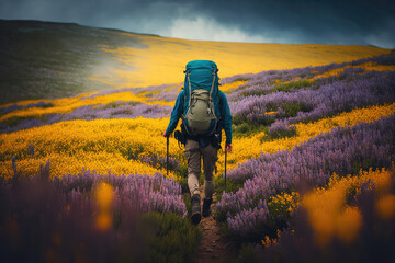 Fototapeta na wymiar hiker walking through a field of flowers- made with generative ai