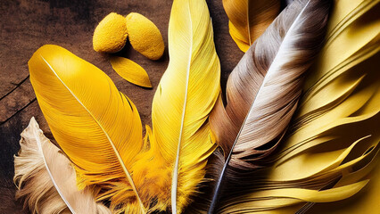 AI-Generated Yellow Feathers on Brown Background with Light Brown Fan Arrangement