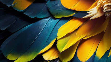 Close-up Gradient Feathers from Yellow to Royal Blue on Black Background