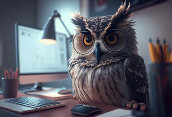 Portrait of an anthropomorphic owl as a developer in the office. Generate Ai.