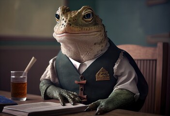 Portrait of an anthropomorphic toad dressed as a schoolboy in a classroom. Generate Ai.