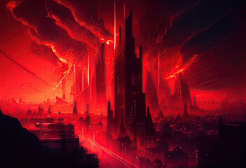Red thunder cityscape the burning city digital art style. Generate Ai.