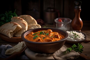 Spicy Chicken Tikka Masala in Bowl on rustic wooden background