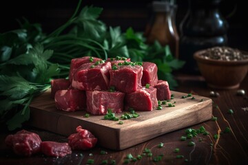 Raw Beef Meat Chopped in cubes with bunch of fresh parsley, garlic, salt and pepper on wooden board