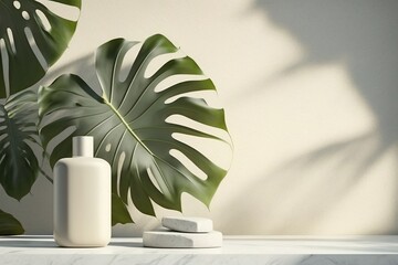 monstera leaf with beauty spa product aside in front of beige wallpaper for product presentation