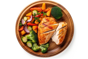 Plate of Grilled Chicken with Vegetables isolated on white background Top view